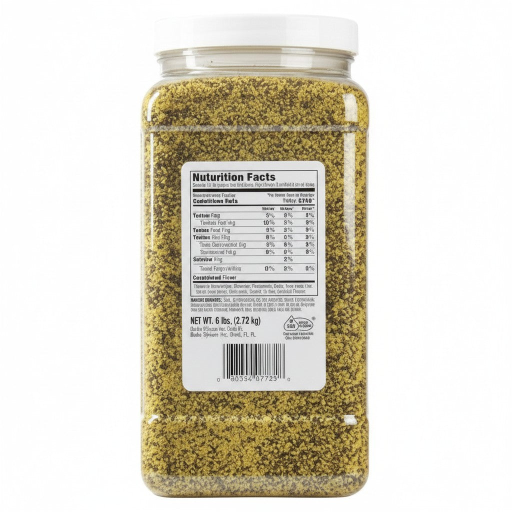 Bodega Badia Lemon Pepper Seasoning in a 6 lb clear plastic jug with a white lid. The seasoning is yellow and speckled with black pepper.