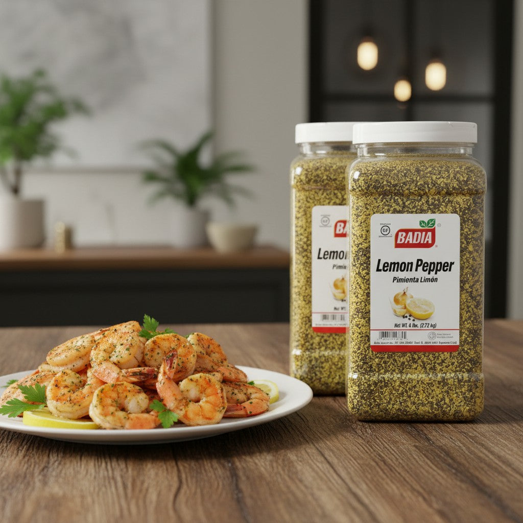 Bodega Badia Lemon Pepper Seasoning in a 6 lb clear plastic jug, featuring a blend of yellow lemon zest and black pepper.