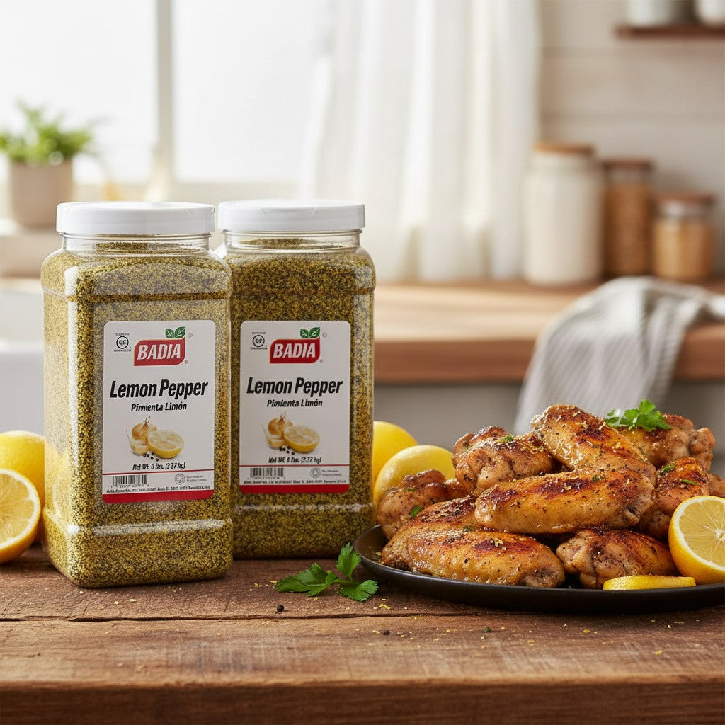 Bodega Badia Lemon Pepper Seasoning in a 6 lb clear plastic jug with a white lid. The seasoning is yellow and speckled with black pepper.