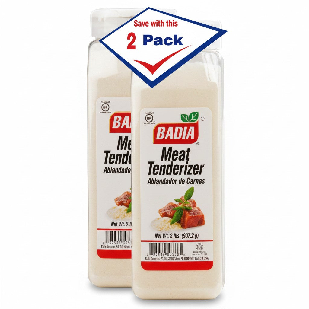 Bodega Badia Meat Tenderizer 2 lb shakers, a 2-pack of seasoning with papain to tenderize and season meat.