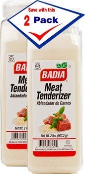 Bodega Badia Meat Tenderizer 2 lb shakers, a 2-pack blend of papain, salt, garlic, and spices for tenderizing and seasoning meat.
