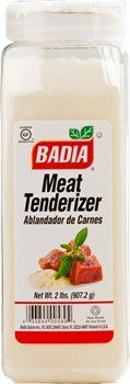 Bodega Badia Meat Tenderizer seasoning in a 2 lb shaker bottle with a label showing meat and herbs.