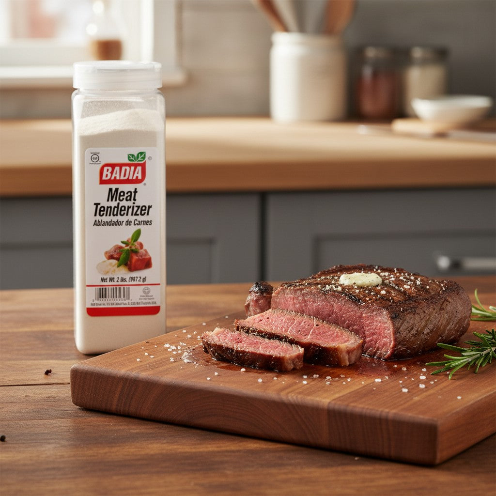 Bodega Badia Meat Tenderizer in a 2 lb shaker with a blend of salt, garlic, and spices for tenderizing meat.