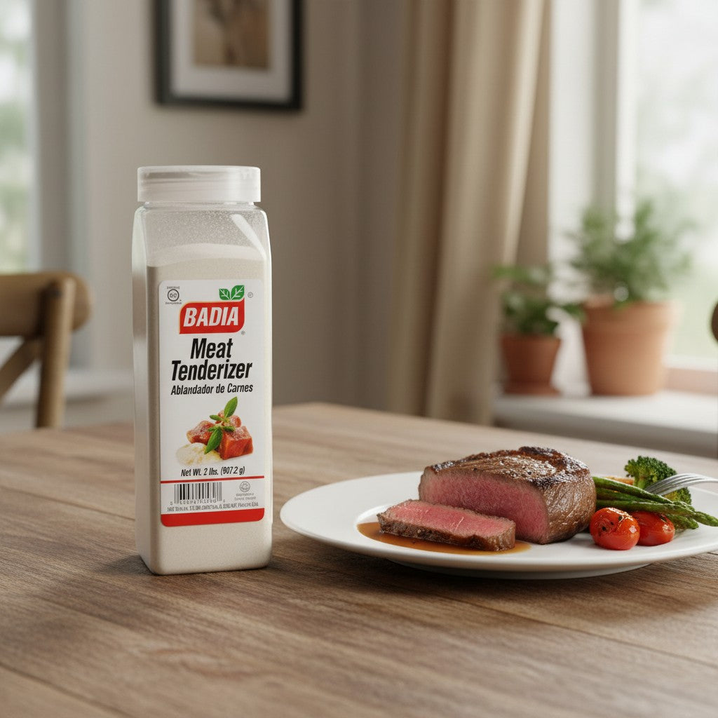Bodega Badia Meat Tenderizer in a 2 lb shaker, a blend of salt, garlic, and spices with papain to break down muscle fibers.