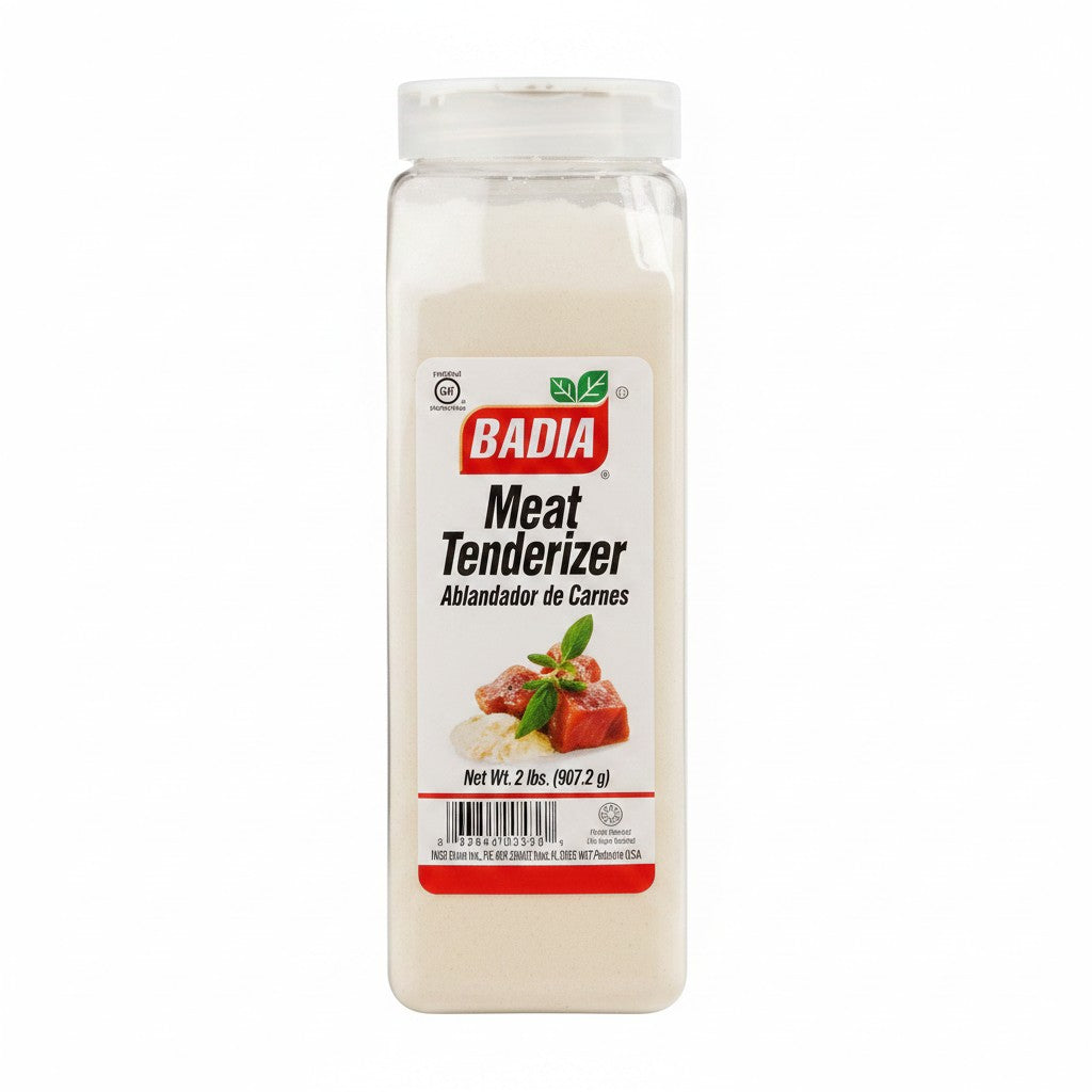 Bodega Badia Meat Tenderizer seasoning in a 2 lb shaker with a label showing meat and herbs.