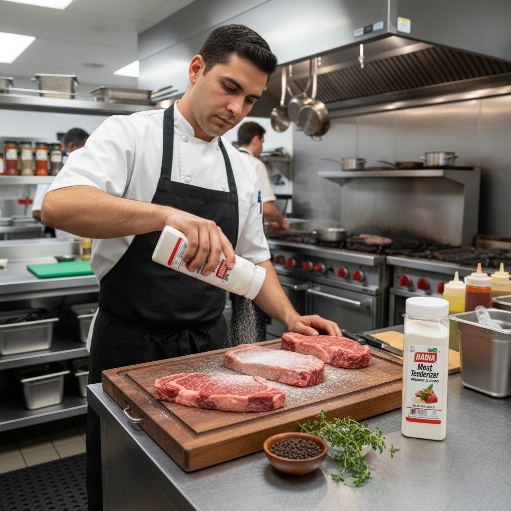 Bodega Badia Meat Tenderizer in a 2 lb shaker, a seasoning blend with papain for tenderizing meat.