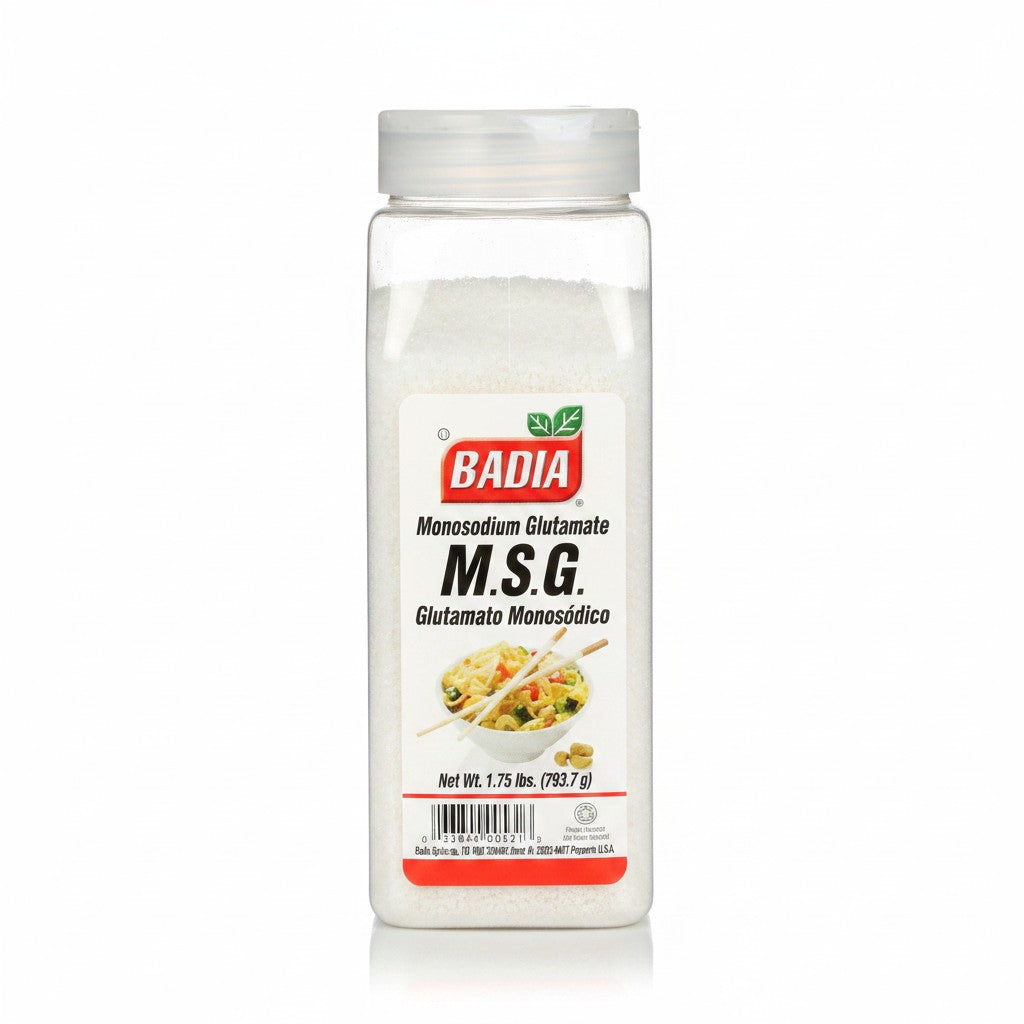 Bodega Badia MSG Monosodium Glutamate in a clear plastic shaker jar, 1.75 lb.