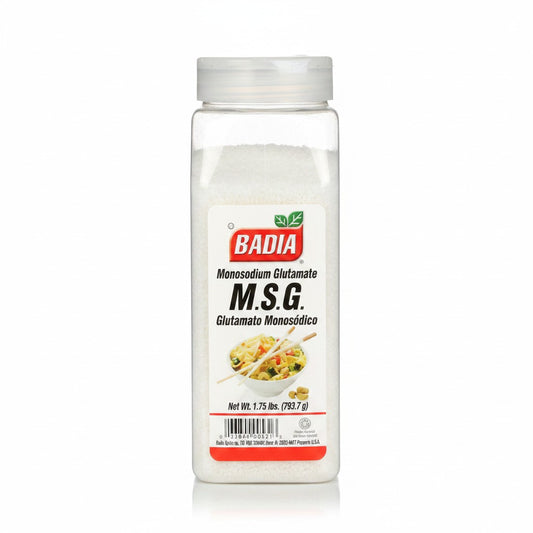 Bodega Badia MSG Monosodium Glutamate in a clear plastic shaker jar, 1.75 lb.