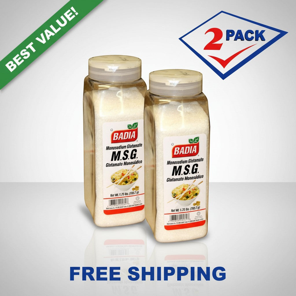 Bodega Badia MSG Monosodium Glutamate 2-pack 1.75 lb jars of fine white crystals for savory flavor enhancement.