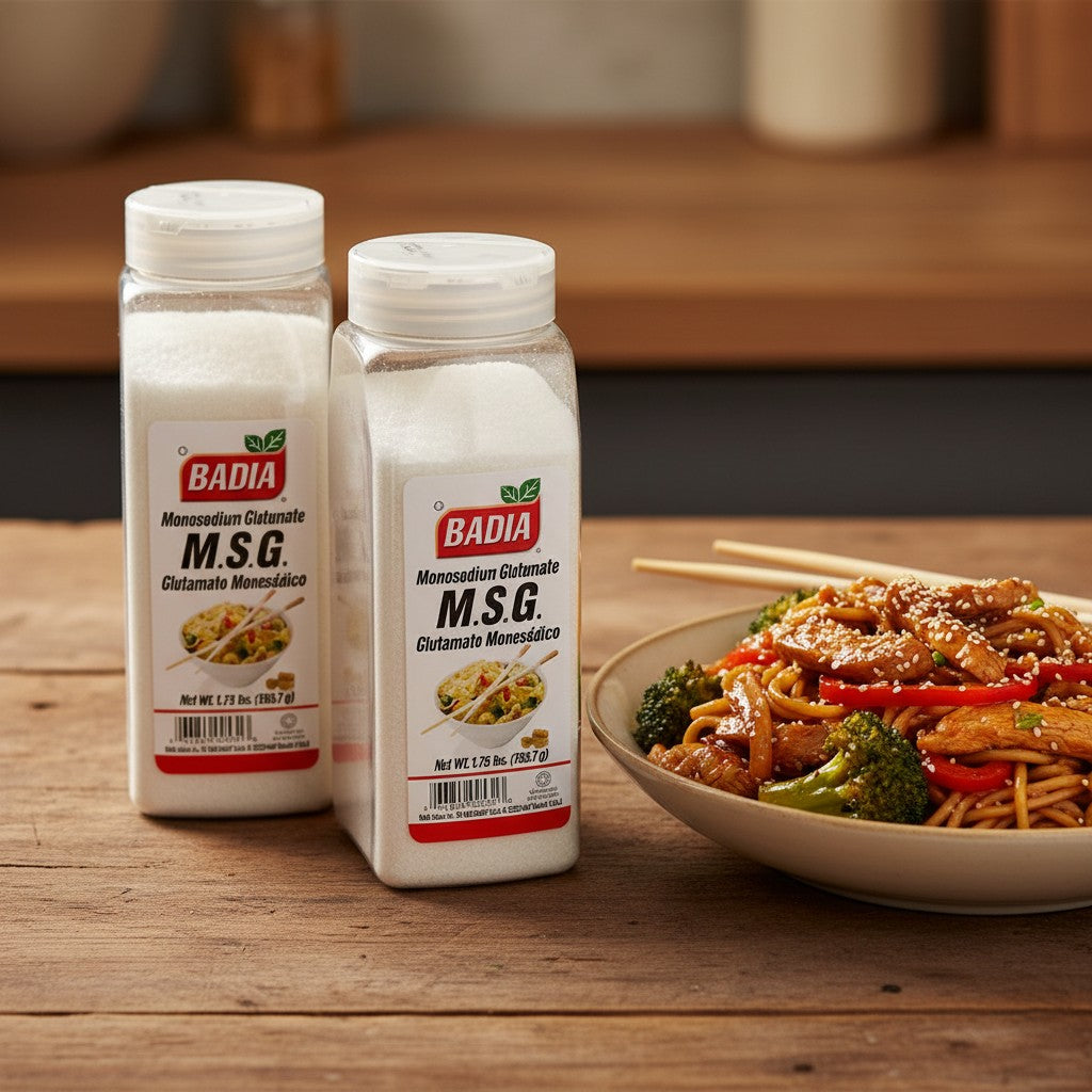 Bodega Badia MSG Monosodium Glutamate 1.75 lb jars, 2-pack. Fine white crystals for enhancing savory flavors.