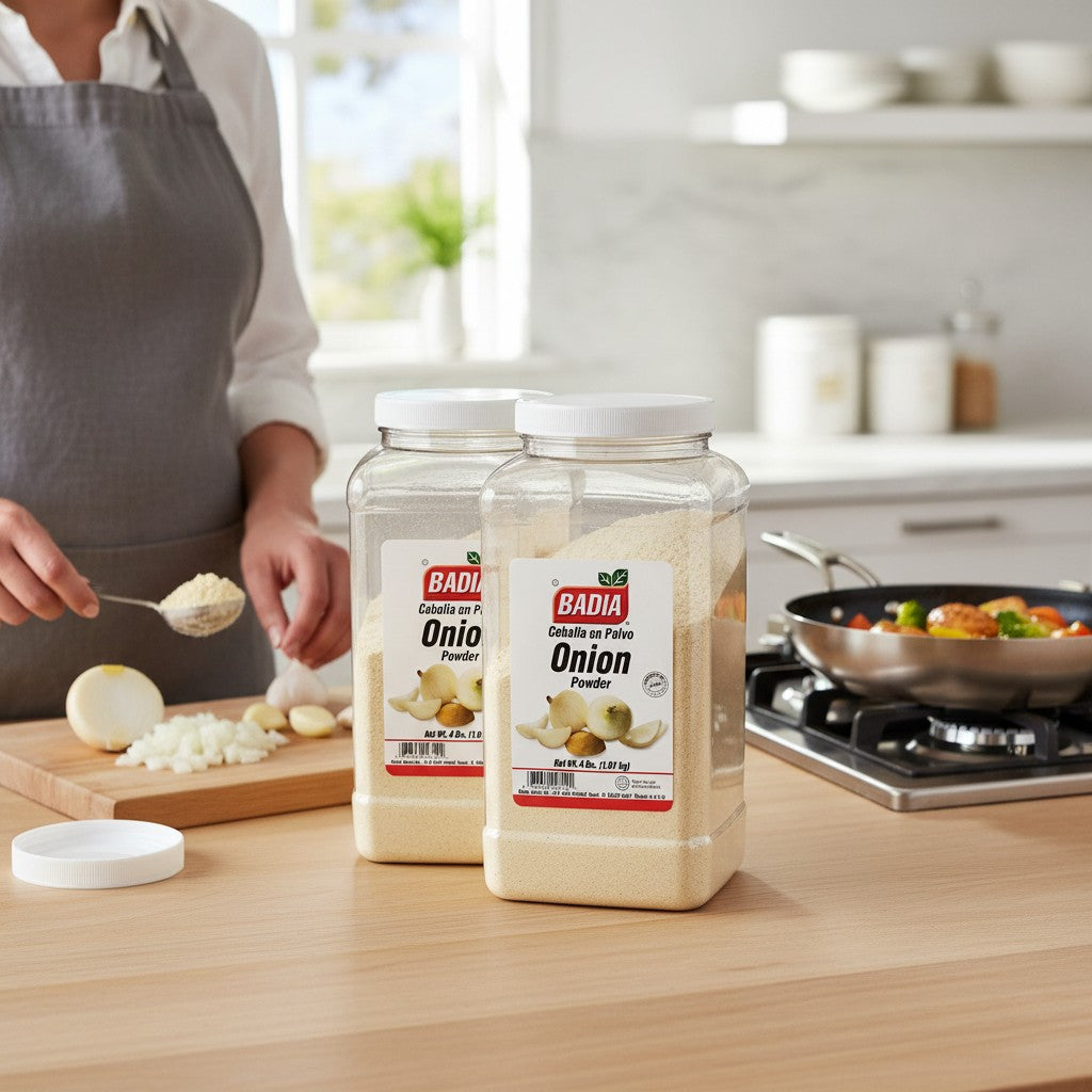 Bodega Badia granulated onion powder in a 2-pack of 4 lb jugs, totaling 8 lbs. Features a white lid and clear plastic container.