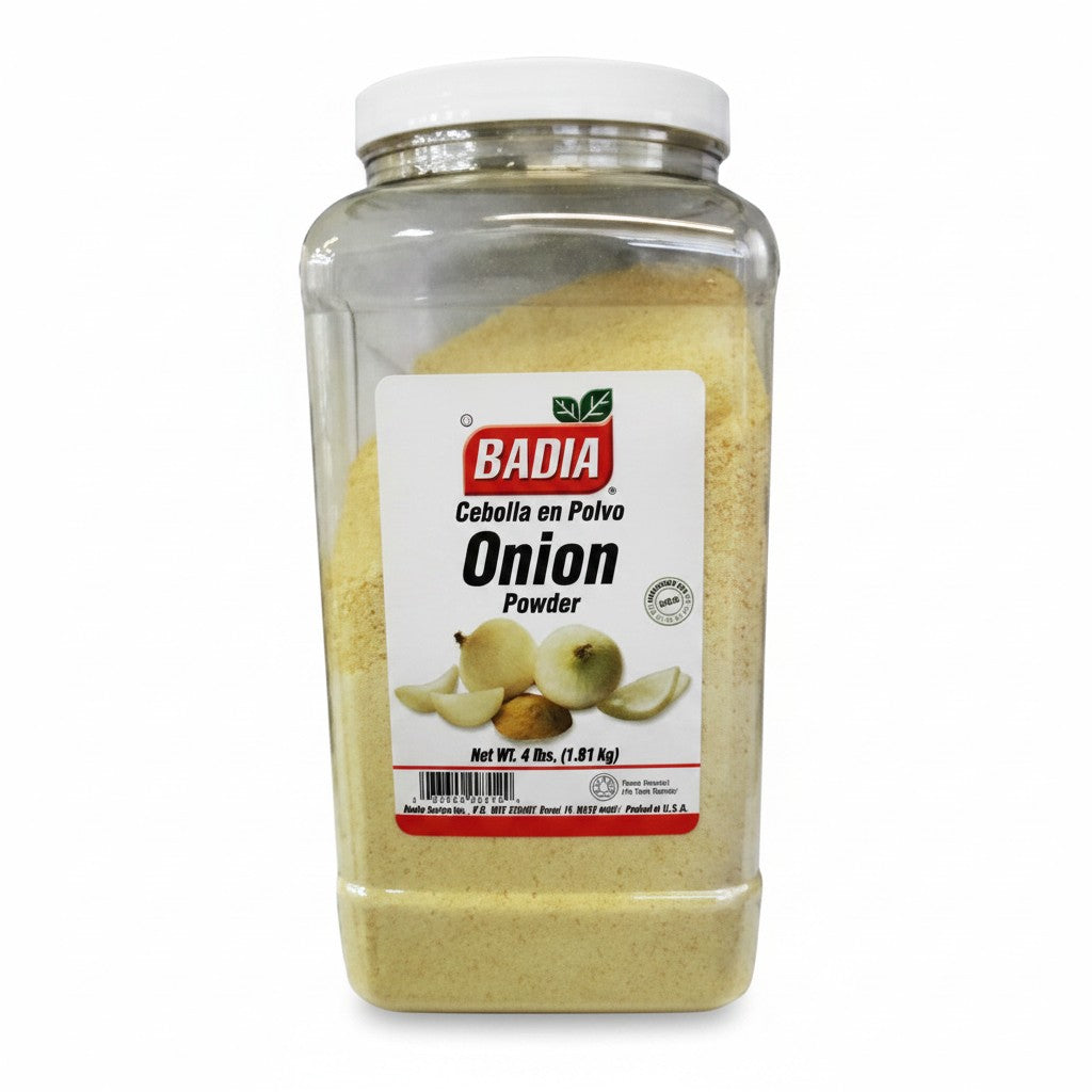 Bodega Badia granulated onion powder in a clear plastic jug with a white lid. Net wt. 4 lbs.