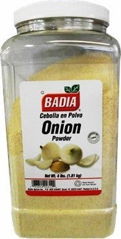 Bodega Badia granulated onion powder in a 4 lb clear plastic jug with a white lid. Features a label with "Badia Onion Powder" and images of fresh onion slices.
