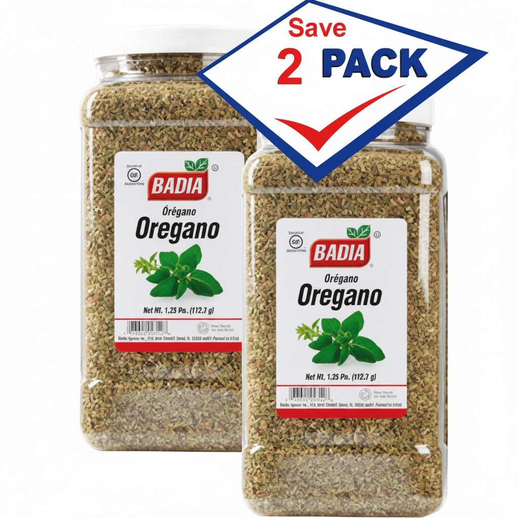 Bodega Badia Oregano Whole, 1.35 lb, Pack of 2. Two clear plastic jars filled with dried oregano leaves.