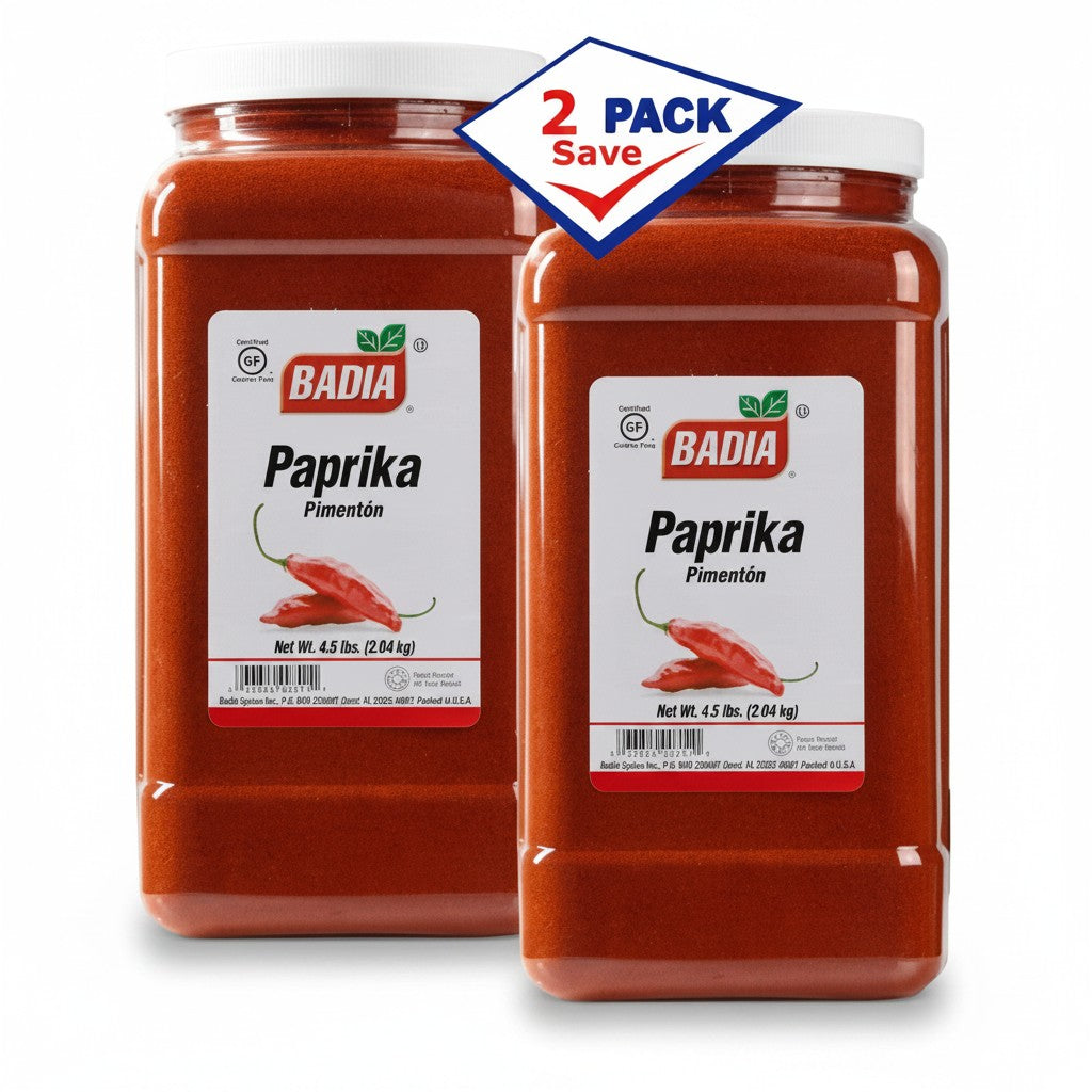 Bodega Badia Paprika Pimentón, 2 x 4.5 lb jugs of ground paprika spice, bright red hue, mild sweet flavor.