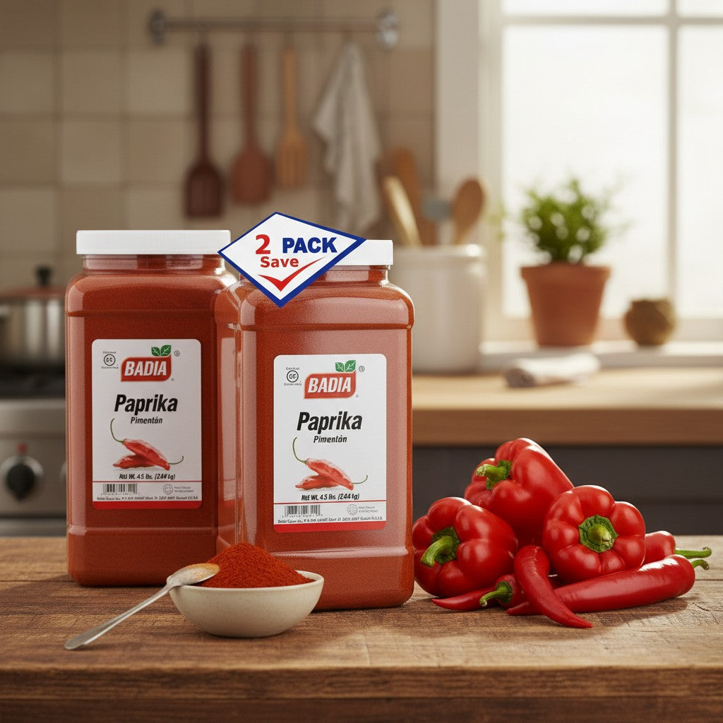 Bodega Badia Paprika Pimentón, 2 x 4.5 lb jugs of ground paprika with a bright red hue and mild, sweet pepper flavor.