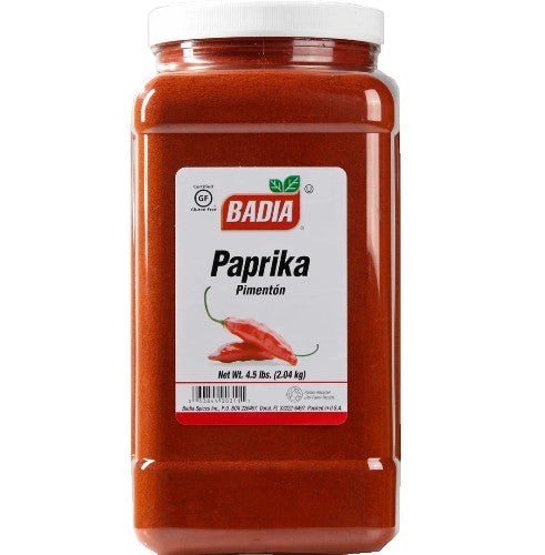 Bodega Badia Paprika Pimentón, 4.5 lb container of bright red, finely milled sweet paprika spice.