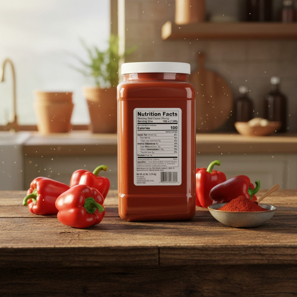 Bodega Badia ground sweet paprika spice in a large plastic container, 4.5 lb. Bright red, finely milled dried peppers with mild heat and a clean, slightly fruity flavor.