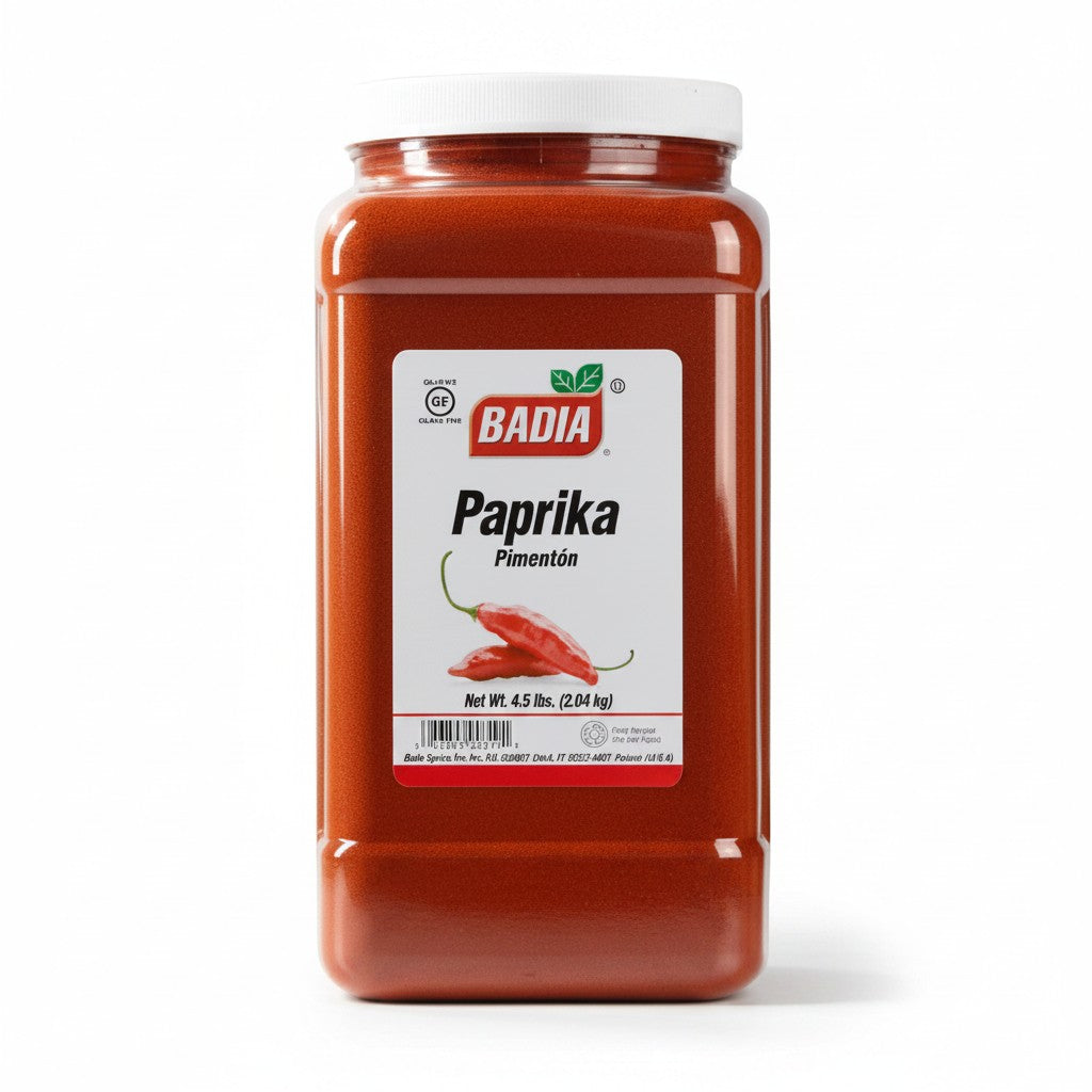 Bodega Badia Paprika Pimentón, 4.5 lb jar of ground sweet paprika. Bright red, finely milled dried peppers with mild heat and fruity flavor.