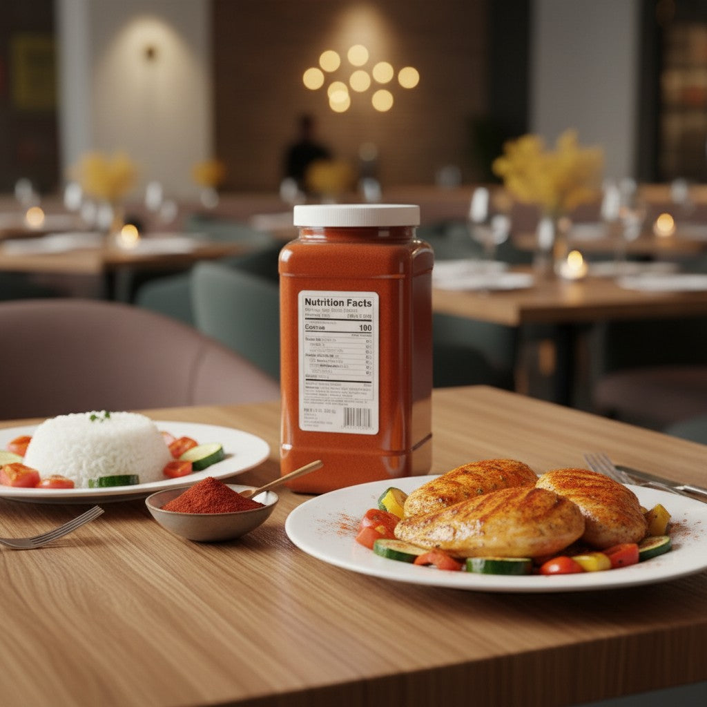 Bodega Badia paprika spice in a large container and a small bowl, with chicken and vegetables being seasoned.