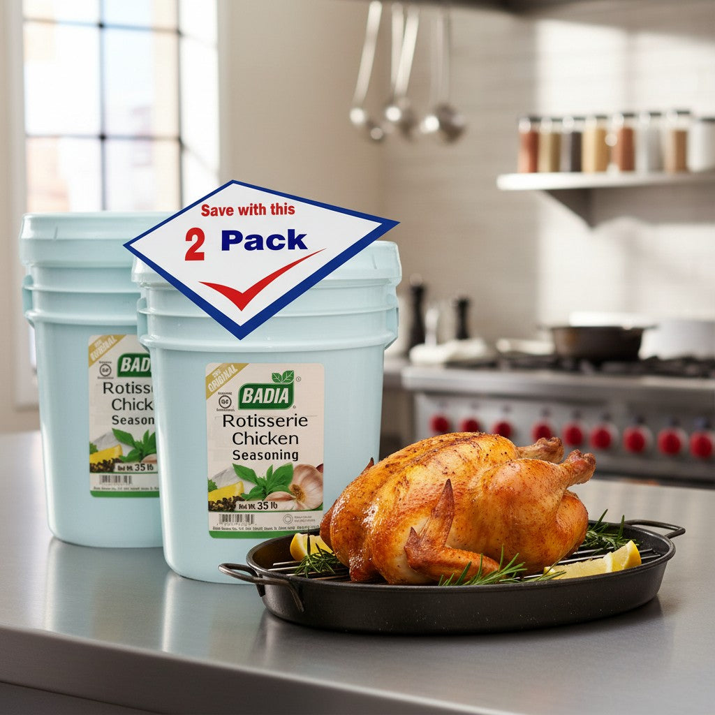 Bodega Badia Rotisserie Chicken Seasoning 2-pack, 30 lb pails, no MSG, with paprika, garlic, onion, salt, and herbs for a savory crust.