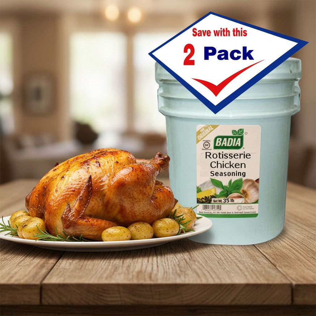 Bodega Badia Rotisserie Chicken Seasoning 2-pack 35 lb buckets, no MSG, with paprika, garlic, onion, salt, and herbs for a savory crust.