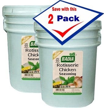 Bodega Badia Rotisserie Chicken Seasoning (No MSG) 2-pack, 30 lb each. Large white buckets with labels showing ingredients like paprika, garlic, and herbs.