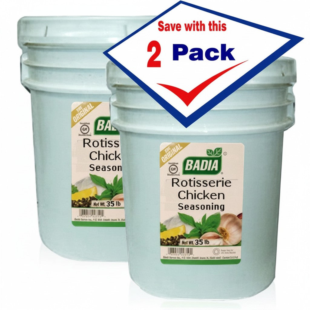 Bodega Badia Rotisserie Chicken Seasoning (No MSG) 2-pack, 30 lb pails. Paprika, garlic, onion, salt, herbs, spices for golden color and savory crust.