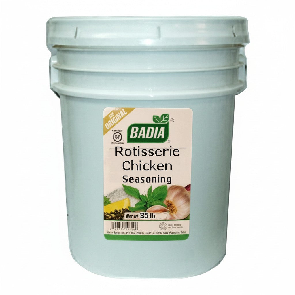 Bodega Badia Rotisserie Chicken Seasoning, 35 lb bulk container with no MSG, paprika, garlic, and onion flavor.