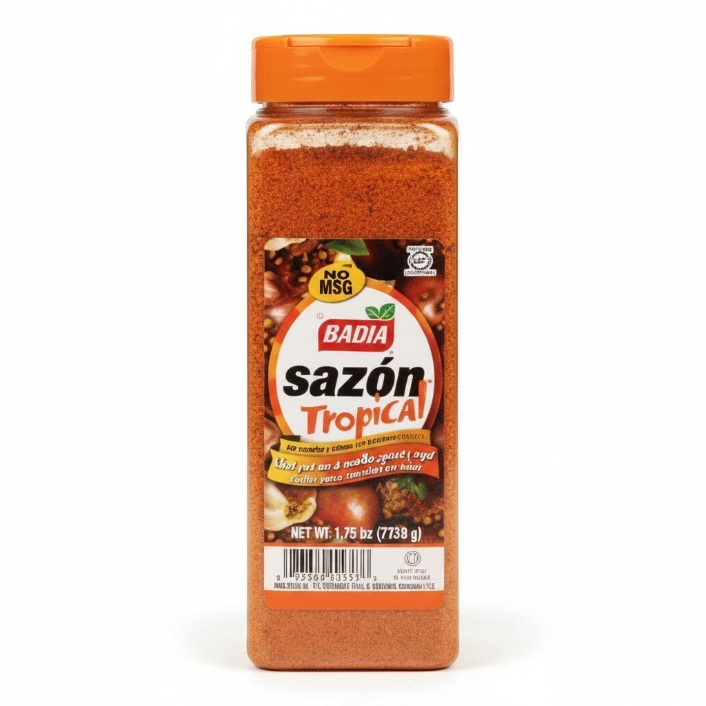 Bodega Badia Sazón Tropical seasoning with coriander and annatto, 1.75 lb container with orange lid.