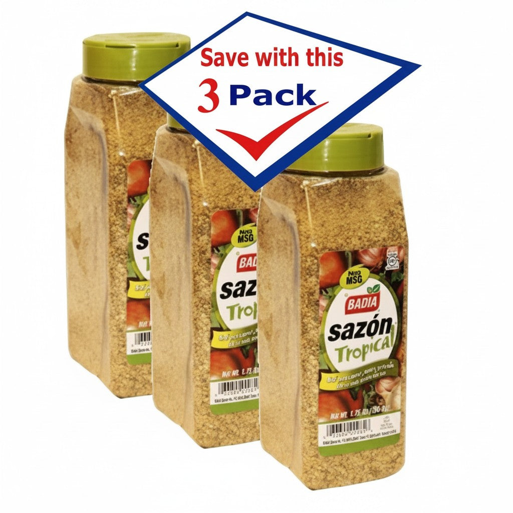 Bodega Badia Sazón Tropical Seasoning 3-pack, 1.75 lb jugs. No MSG blend with cumin, garlic, oregano, coriander, annatto.