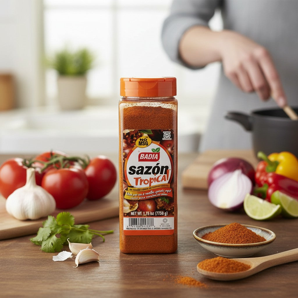 Bodega Badia Sazón Tropical seasoning with coriander and annatto, 1.75 lb bottle with orange lid.