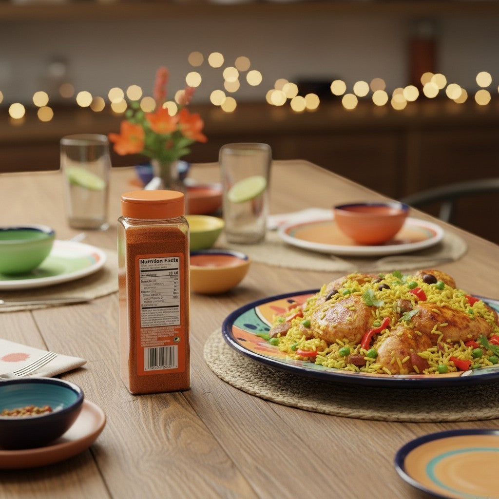 Bodega Badia Sazón Tropical seasoning with coriander and annatto, 1.75 lb, in a shaker next to a pot of yellow rice with sausage and beans.