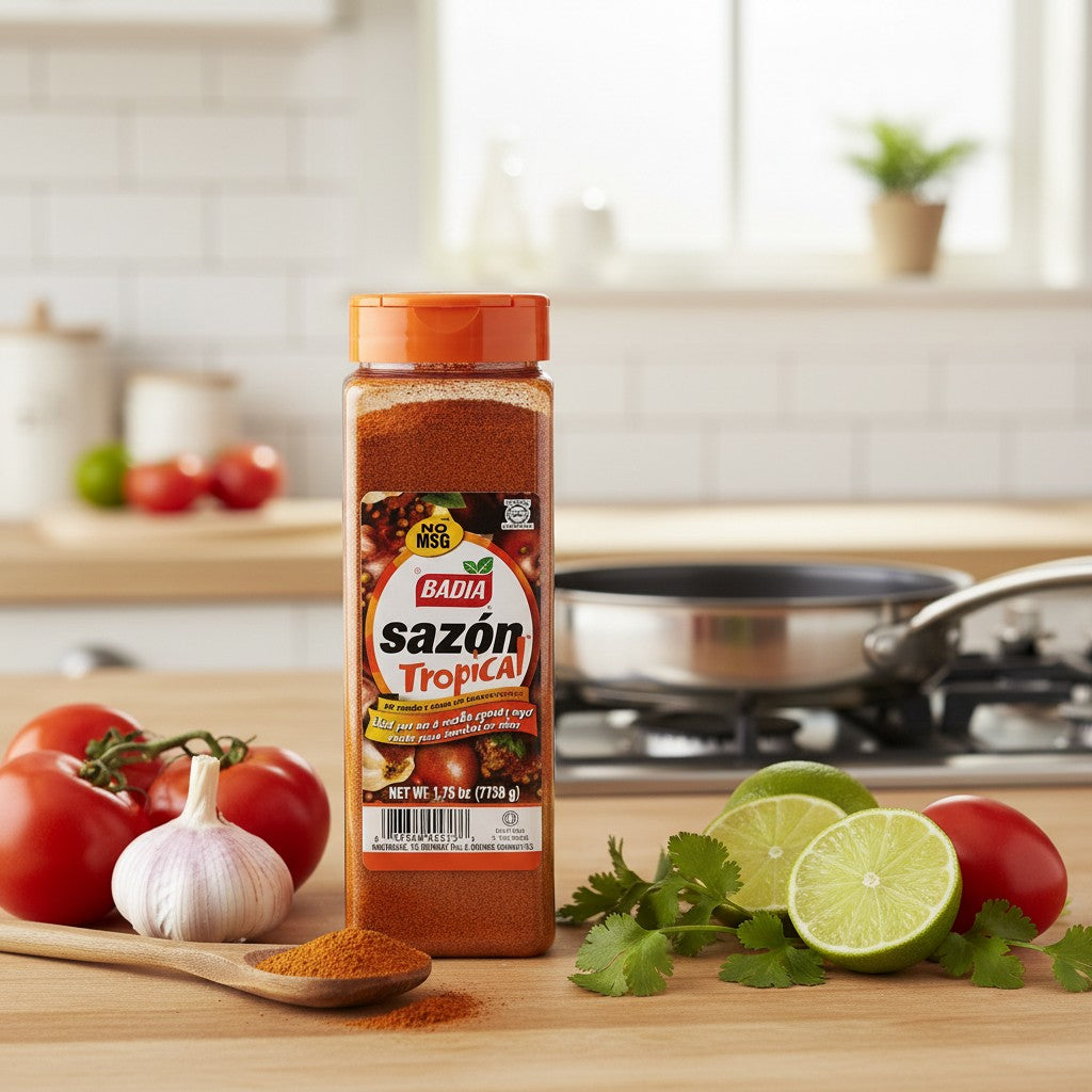 Bodega Badia Sazón Tropical seasoning with coriander and annatto, 1.75 lb bottle with orange lid.