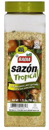Bodega Badia Sazón Tropical Seasoning, MSG-free blend with annatto for color, 1.75 lb shaker.