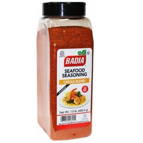 Bodega Badia Seafood Seasoning Creole Blend, 1.5 lb bottle with paprika, garlic, onion, cayenne, thyme, and oregano.