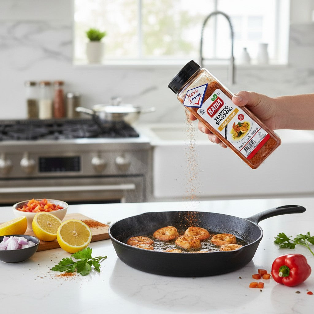 Bodega Badia Seafood Seasoning Creole Blend, 3 pack of 1.5 lb jars. Paprika, salt, garlic, onion, cayenne, thyme, and herbs for Louisiana seafood dishes.