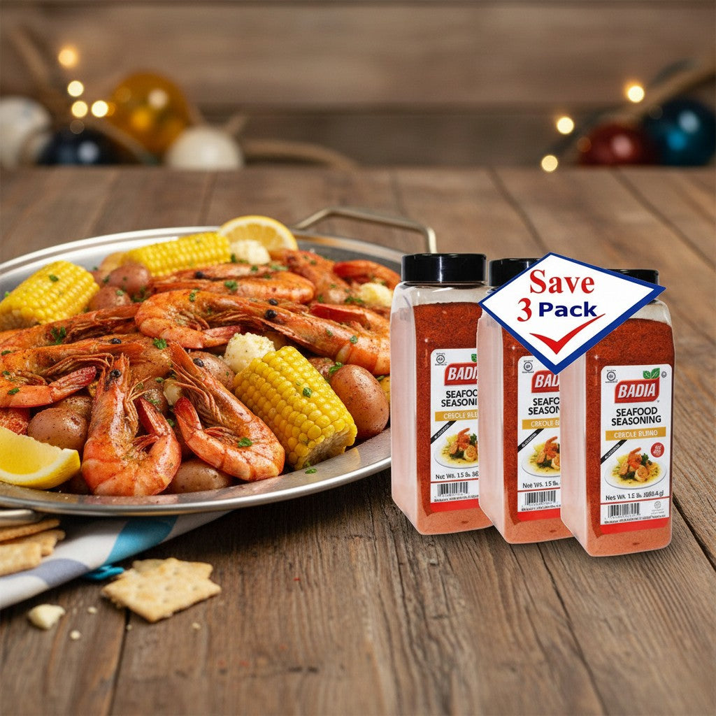 Bodega Badia Seafood Seasoning Creole Blend, 3 pack of 1.5 lb jars with paprika, salt, garlic, onion, cayenne, thyme, and herbs.