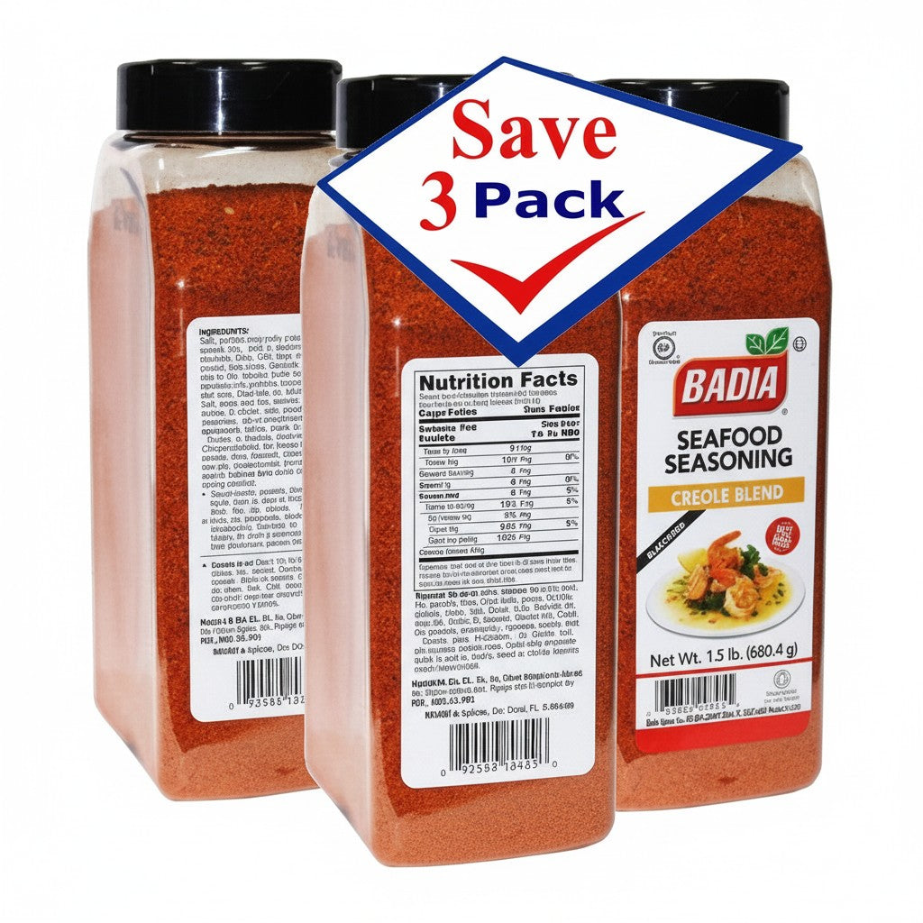 Bodega Badia Seafood Seasoning Creole Blend, 3 pack of 1.5 lb jars with paprika, salt, garlic, onion, cayenne, thyme, and herbs.