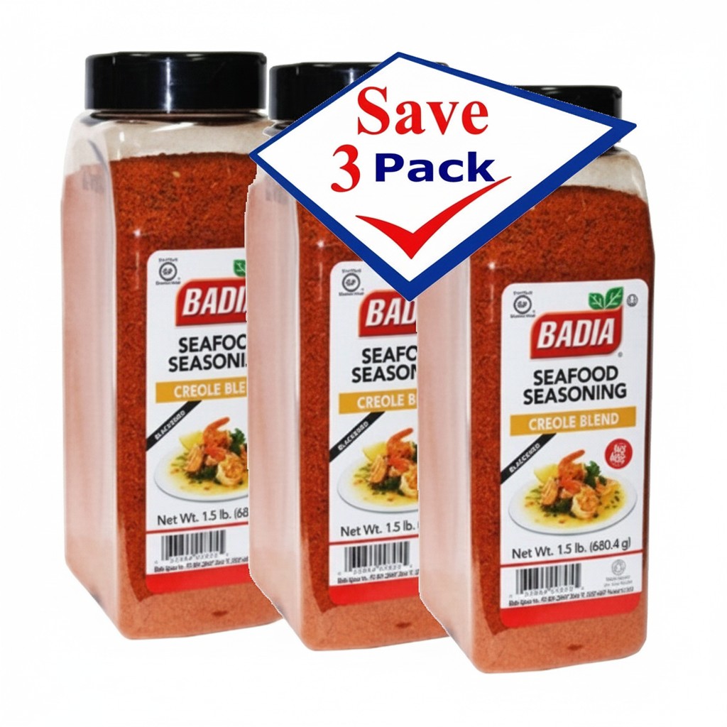 Bodega Badia Seafood Seasoning Creole Blend, 3 pack of 1.5 lb jars with paprika, salt, garlic, onion, cayenne, thyme, and herbs.