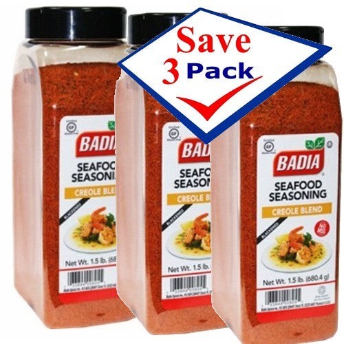 Bodega Badia Seafood Seasoning Creole Blend, 3 pack of 1.5 lb jars with paprika, salt, garlic, onion, cayenne, thyme, and herbs.
