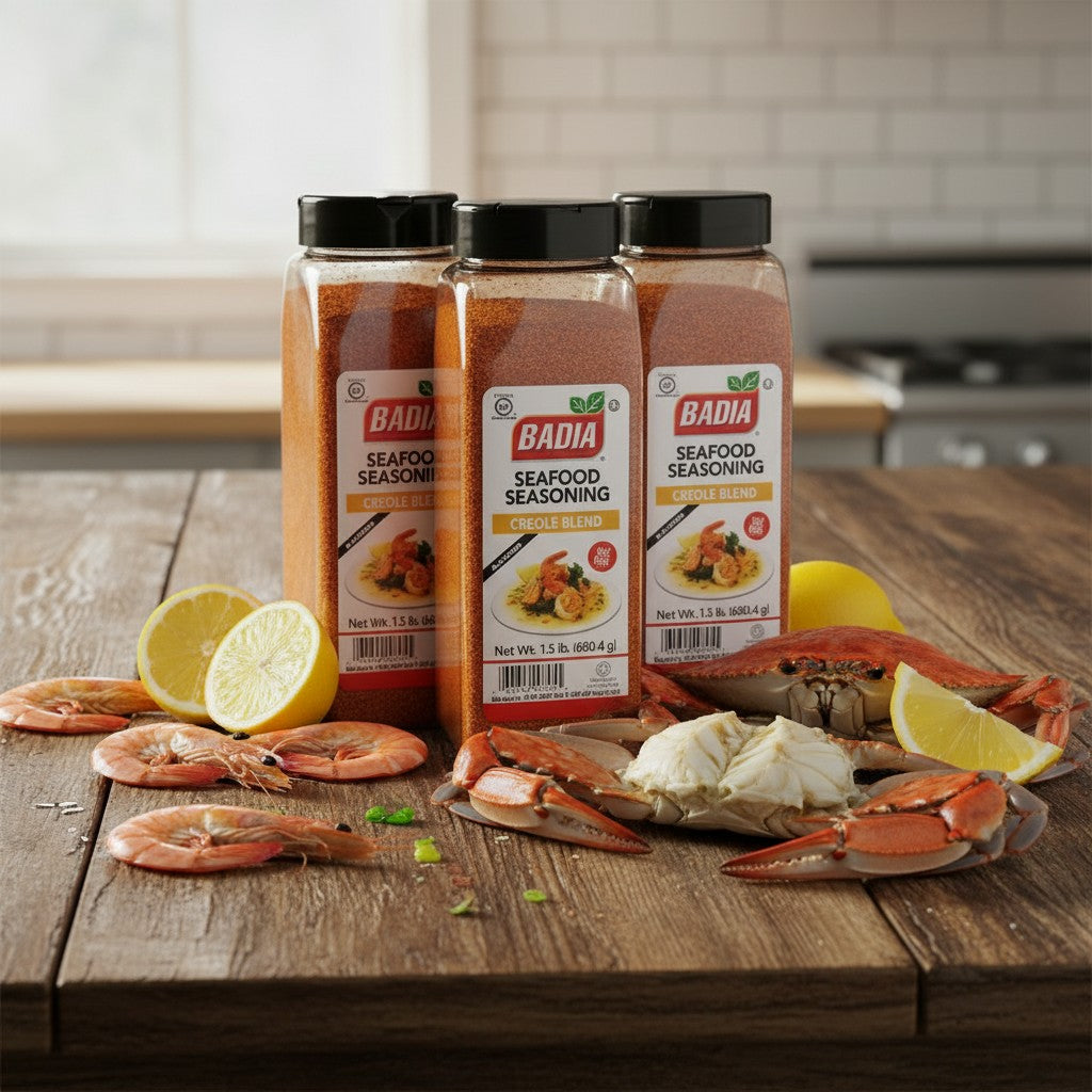Bodega Badia Seafood Seasoning Creole Blend, 3 pack of 1.5 lb jars. Red seasoning with herbs and spices.