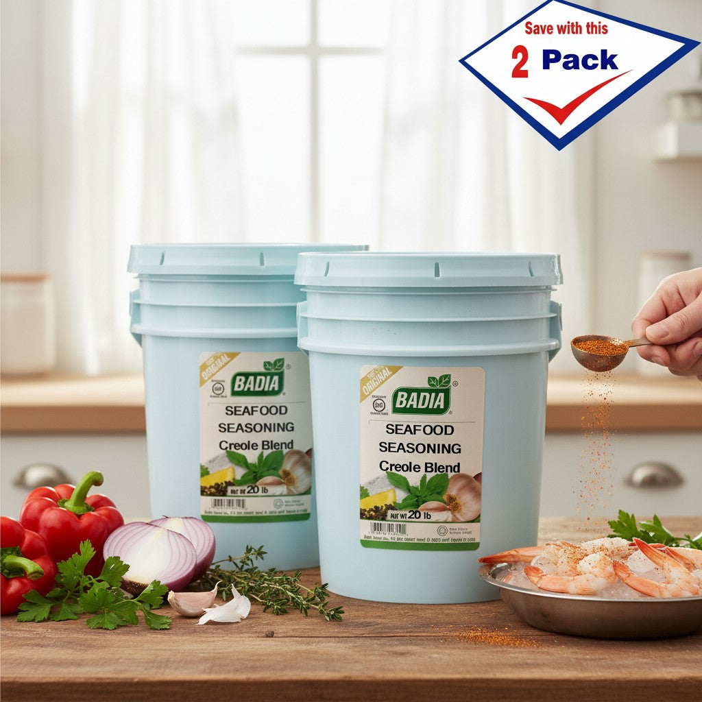 Bodega Badia Seafood Seasoning Creole Blend (Blackened) in two 20 lb buckets. Paprika-forward with garlic, onion, pepper, thyme, and cayenne.