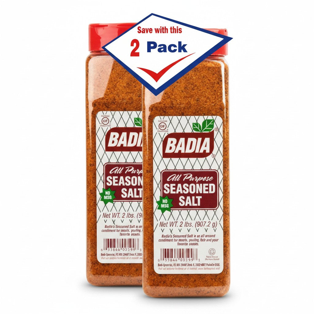 Bodega Badia All Purpose Seasoned Salt 2 lb shakers, 2 pack. Blend of salt, garlic, onion, paprika, turmeric, pepper.