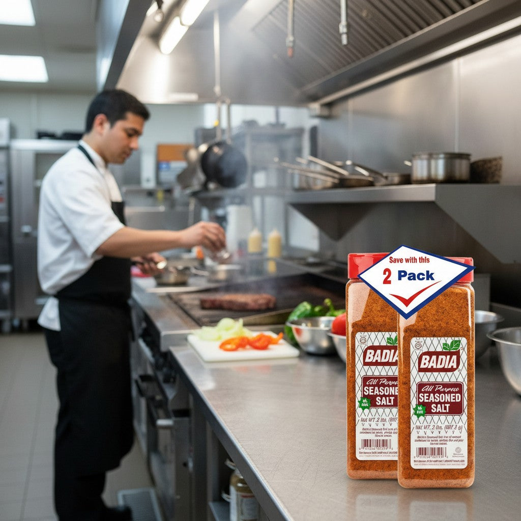 Bodega Badia All Purpose Seasoned Salt 2 lb shakers, a 2-pack blend of salt, garlic, onion, paprika, turmeric, and pepper.