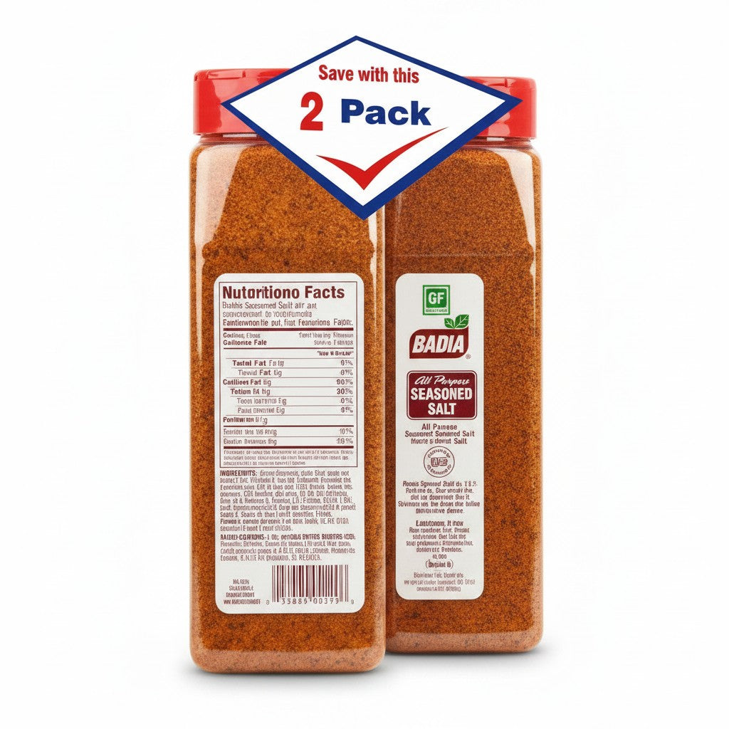 Bodega Badia All Purpose Seasoned Salt 2 lb shakers, a 2-pack blend of salt, garlic, onion, paprika, turmeric, and pepper.