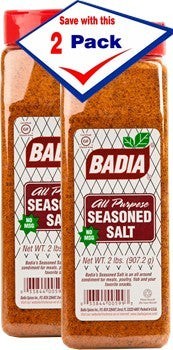 Bodega Badia All Purpose Seasoned Salt 2 lb shakers, 2 pack. Blend of salt, garlic, onion, paprika, turmeric, and pepper.