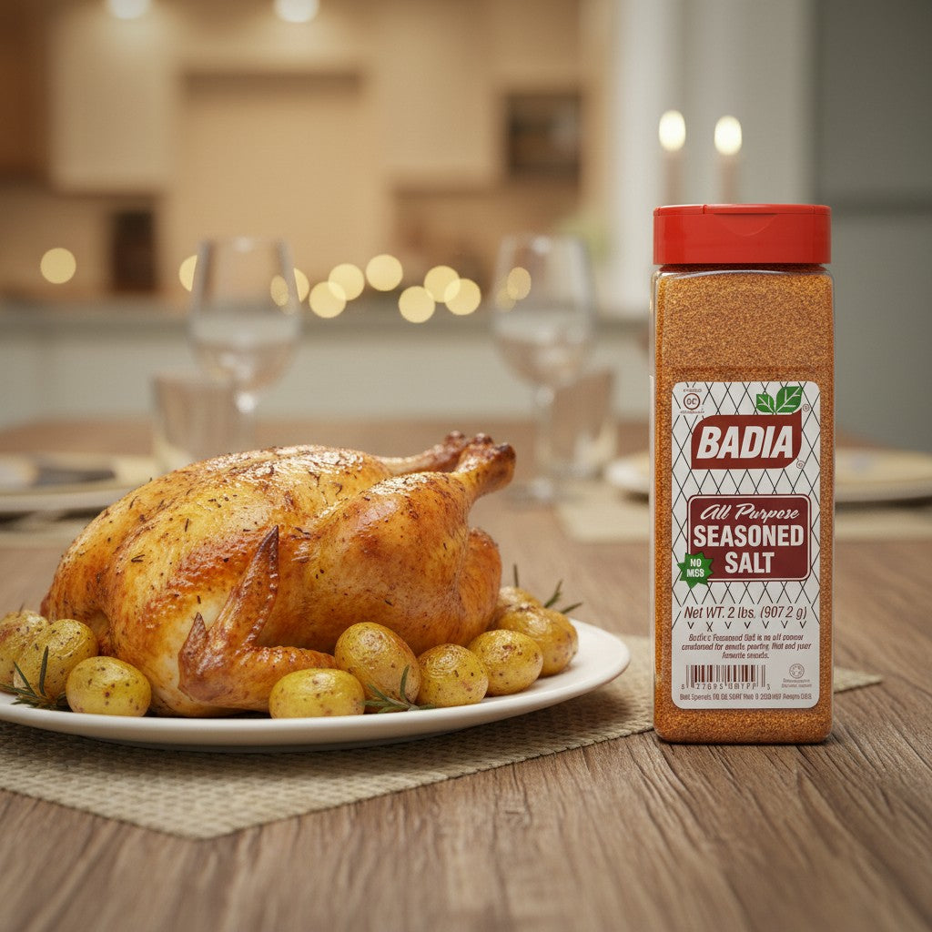 Bodega Badia All Purpose Seasoned Salt in a 2 lb shaker, a blend of salt, garlic, onion, paprika, turmeric, and pepper.