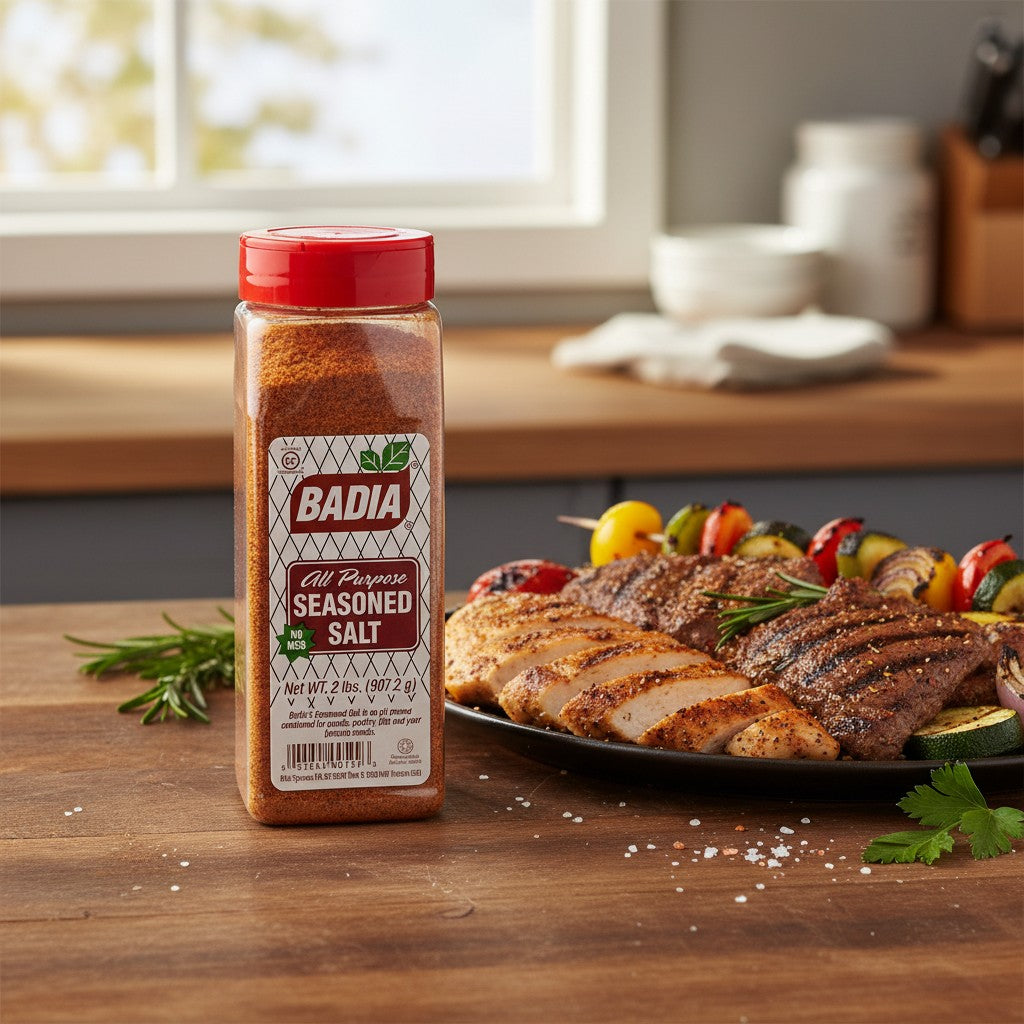 Bodega Badia All Purpose Seasoned Salt, 2 lb shaker with red cap. Blend of salt, garlic, onion, paprika, turmeric, and pepper.