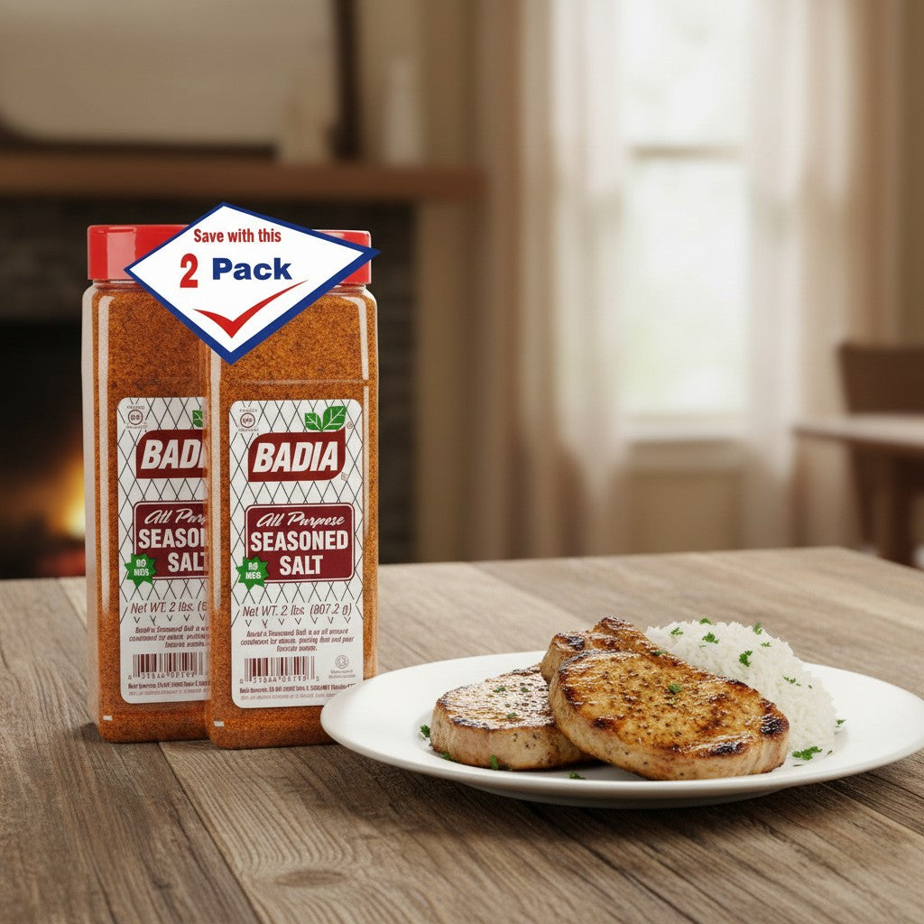 Bodega Badia All Purpose Seasoned Salt 2 lb pack. Blend of salt, garlic, onion, paprika, turmeric, and pepper.